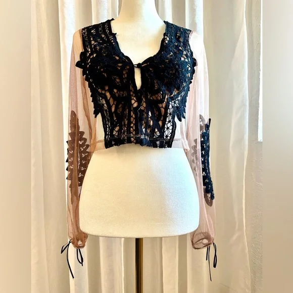 XS For Love and Lemons Penelope Crop Top Black/Nude long sleeve - Picture 6 of 16